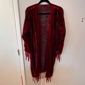 Fun Red Velvet Burnout Beaded Tassel  Kimono - One Size Fits Most